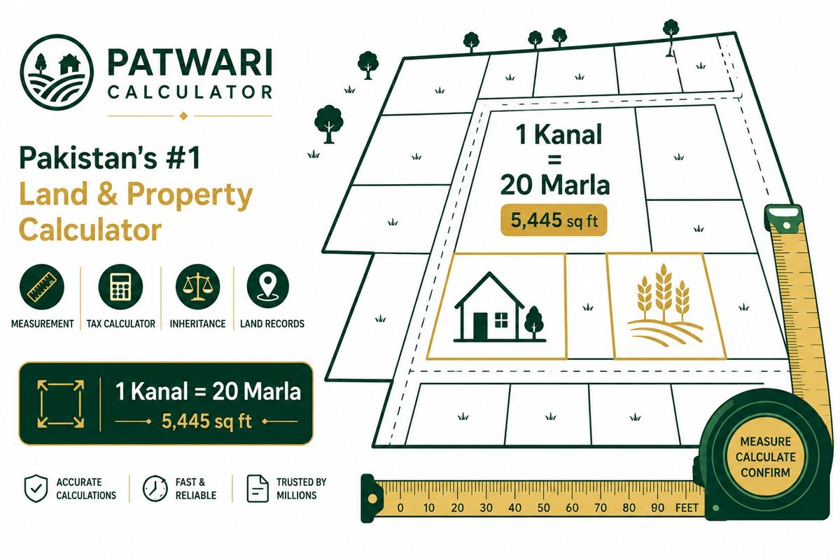 Patwari Calculator — Pakistan land measurement calculators for Kanal, Marla, property tax, Islamic inheritance, and revenue records