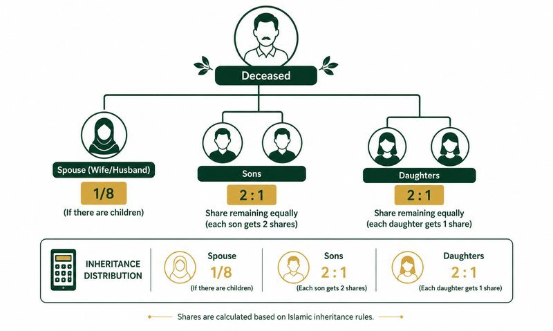 Islamic inheritance calculator (faraid) — calculate Quranic shares for wife, husband, sons, daughters, and parents in Pakistan