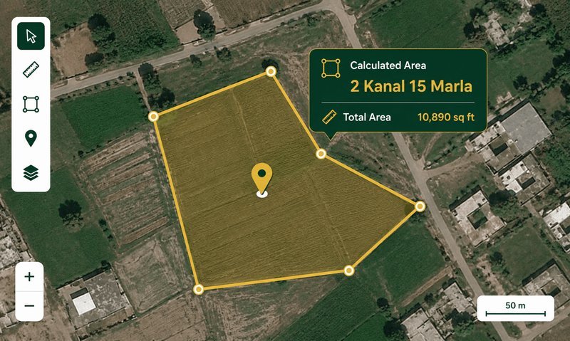 Land measurement on satellite map — draw plot boundaries and calculate area in Kanal, Marla, and square feet in Pakistan